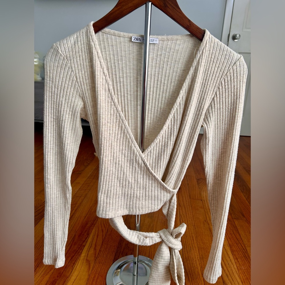 Zara Beige Ribbed Wrap Top with Side Tie